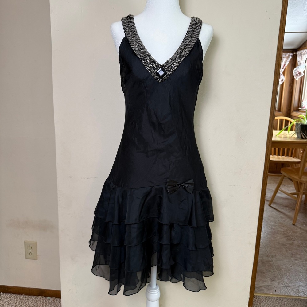 Y2K Dreamgirl Black Beaded V Neck Tiered Flounce Ruffle Formal Dress Size Medium